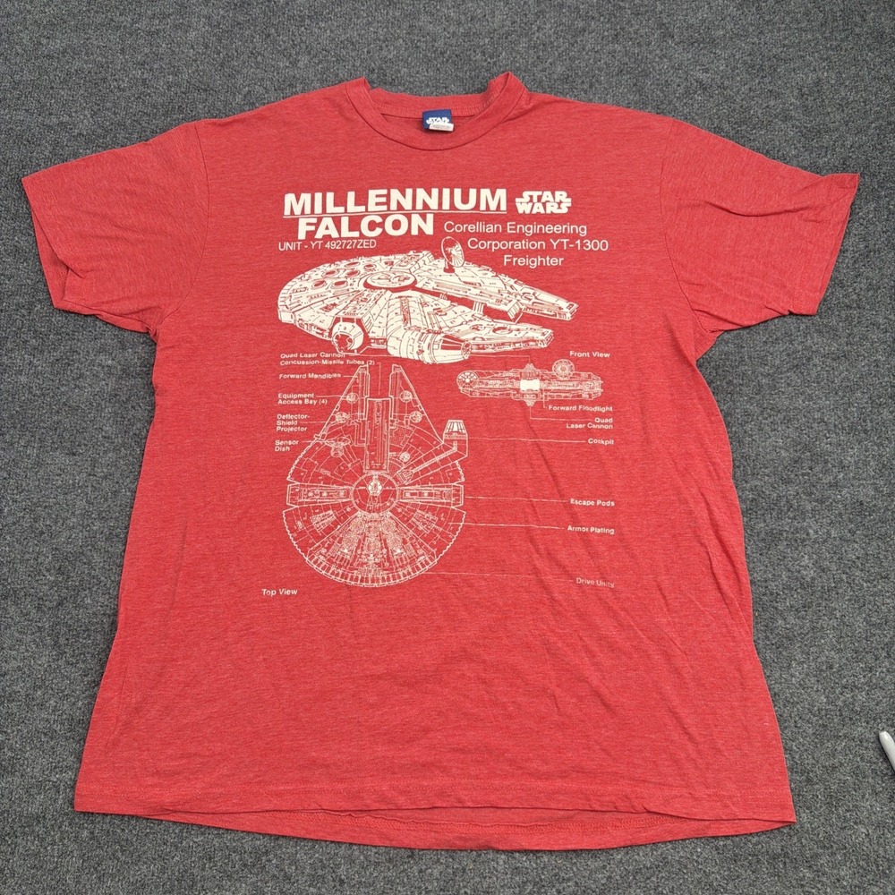 Star Wars Shirt Mens XL Red Millennium Falcon Graphic Tee Blueprint Schematic